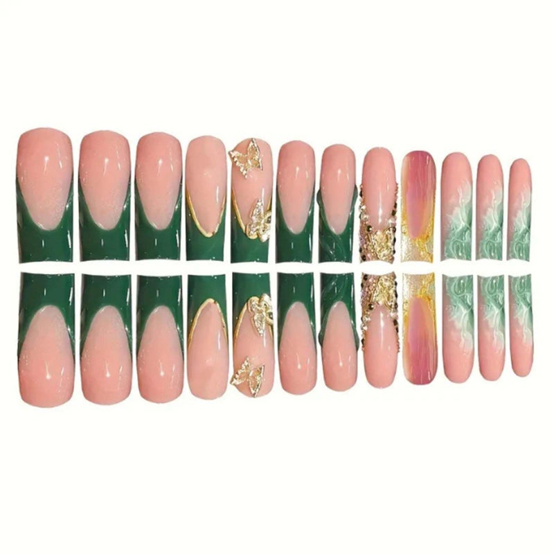 YoYoee Press on Nails -Luxury Long Fake Nails Coffin False Nails French Green Nails Butterfly Tips for Women and Girls 24Pcs - Image 3